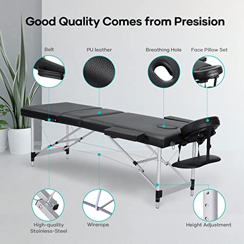 Careboda Professional Massage Table Portable Massage Bed, 3 Section Aluminum ...