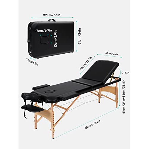Careboda Professional Massage Table Portable Massage Bed, 3 Section Wood Fram...