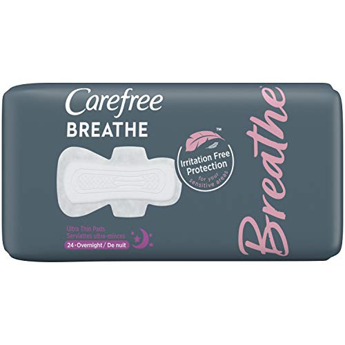 Carefree Breathe Ultra Thin Overnight Pads with Wings, White, Unscented, 24 C...