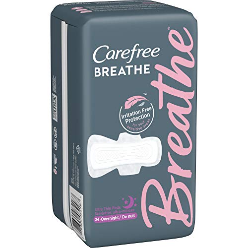 Carefree Breathe Ultra Thin Overnight Pads with Wings, White, Unscented, 24 C...