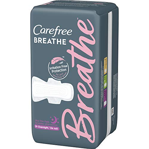 Carefree Breathe Ultra Thin Overnight Pads with Wings, White, Unscented, 24 C...