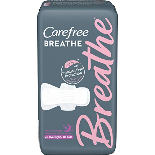 Carefree Breathe Ultra Thin Overnight Pads with Wings, White, Unscented, 24 C...