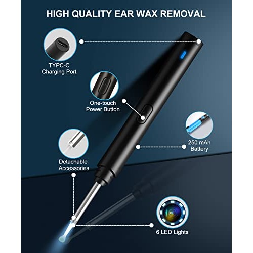 Ear Wax Removal Tool, 1296P Ear Cleaner Camera, 6 LED Lights, WiFi Ear Cleani...