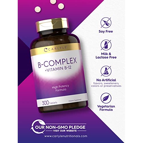 B Complex Vitamin with B12 | 300 Tablets | Vegetarian Formula | Non-GMO, Glut...