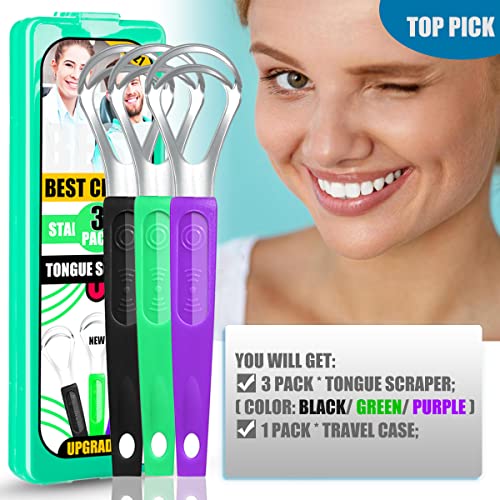 3-Pack Tongue Scraper with Travel Case, Professional Metal Tounge Scrappers S...