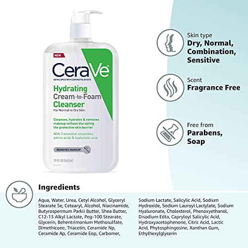 CeraVe Hydrating Cream-to-Foam Cleanser | Makeup Remover and Face Wash With H...