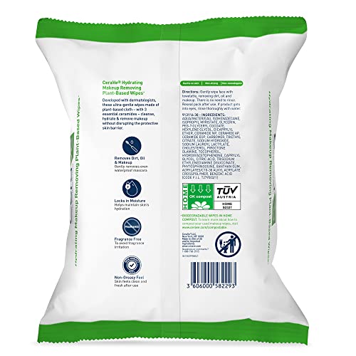 CeraVe Hydrating Facial Cleansing Makeup Remover Wipes| Plant Based Face Wipe...