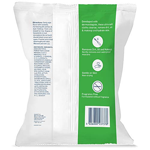 CeraVe Makeup Removing Cleanser Cloths | Makeup Wipes to Remove Dirt, Oil, & ...