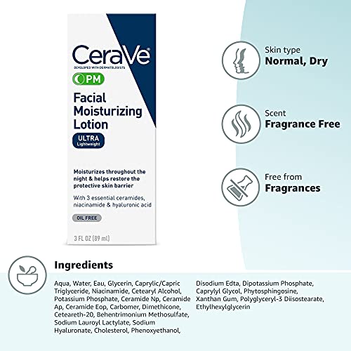 CeraVe PM Facial Moisturizing Lotion | Night Cream with Hyaluronic Acid and N...
