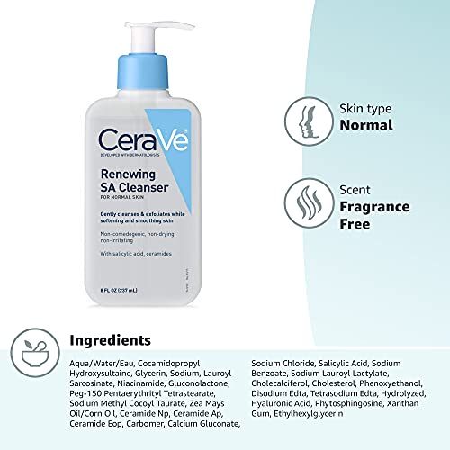 CeraVe SA Cleanser | Salicylic Acid Face Wash with Hyaluronic Acid, Niacinami...