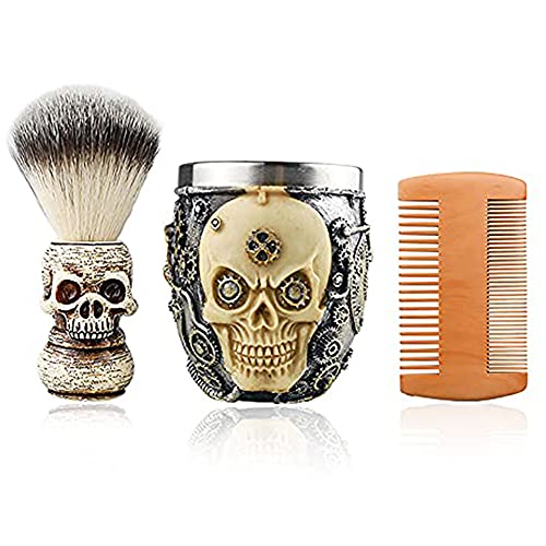 CestoMen 3PCS Wooden Beard Comb, Skull Head Shaving Brush Set for Men, Badger...