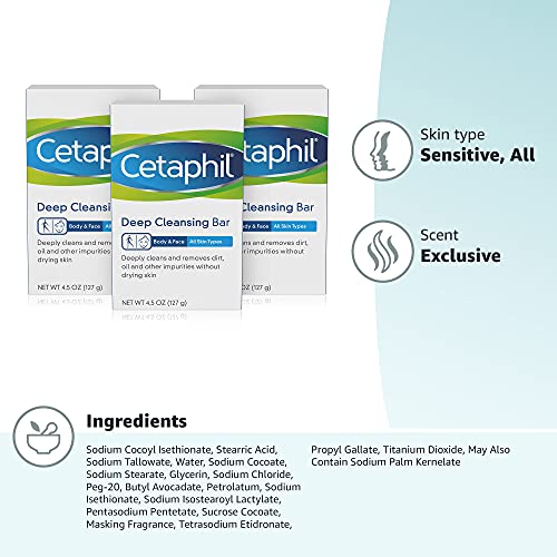 Cetaphil Bar Soap, Deep Cleansing Face and Body Bar, Pack of 3, For Dry to No...
