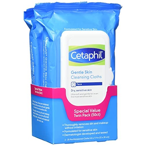 Cetaphil Face and Body Wipes, Gentle Skin Cleansing Cloths, 50 Count, Twin Pa...