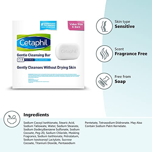 CETAPHIL Gentle Cleansing Bar | 4.5 oz Bar (Pack of 6) | Nourishing Cleansing...