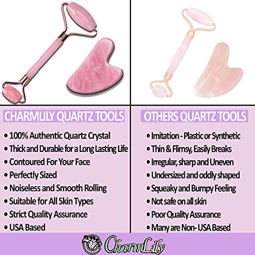 Rose Quartz & Ice Roller + Gua Sha Massager Tool Set for Face & Eyes by Charm...