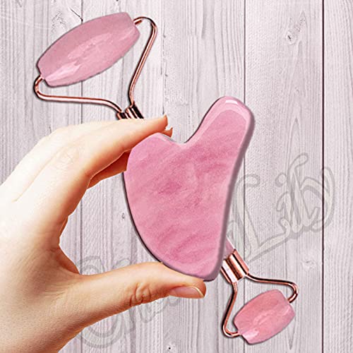 Rose Quartz & Ice Roller + Gua Sha Massager Tool Set for Face & Eyes by Charm...