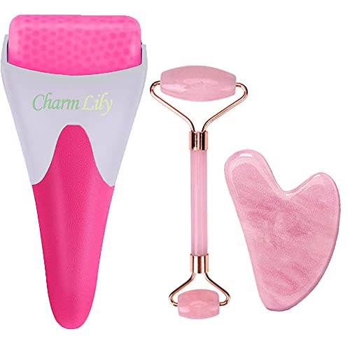 Rose Quartz & Ice Roller + Gua Sha Massager Tool Set for Face & Eyes by Charm...