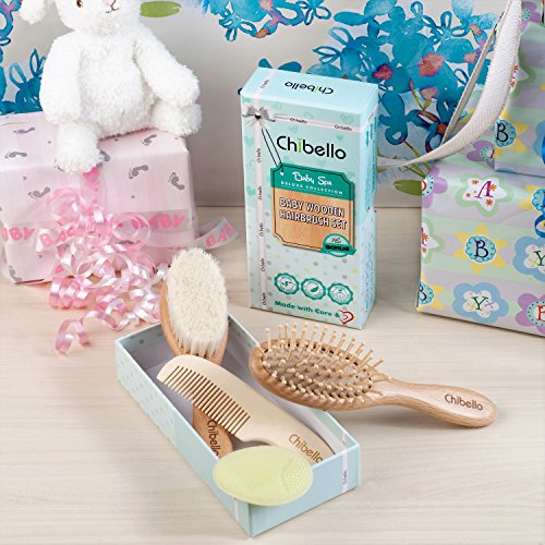 Chibello 4 Piece Wooden Baby Hair Brush and Comb Set Natural Goat Bristles Br...