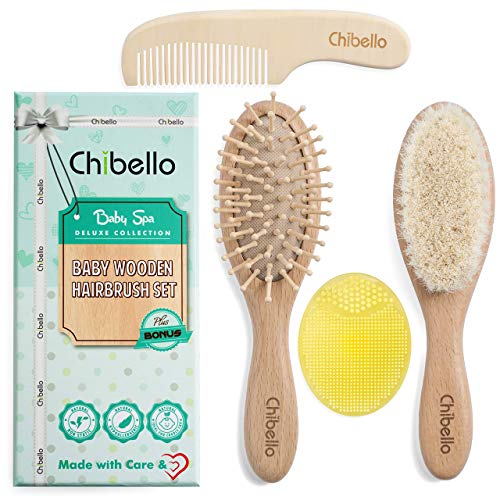 Chibello 4 Piece Wooden Baby Hair Brush and Comb Set Natural Goat Bristles Br...