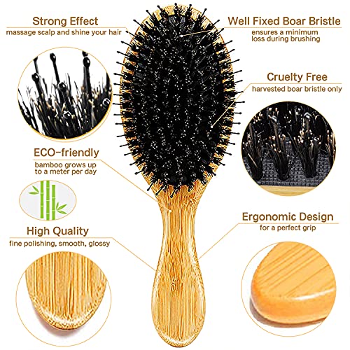 Bamboo Wooden Hair Brush, Boar Bristle Hair Brush for Thick Curly Long Fine D...