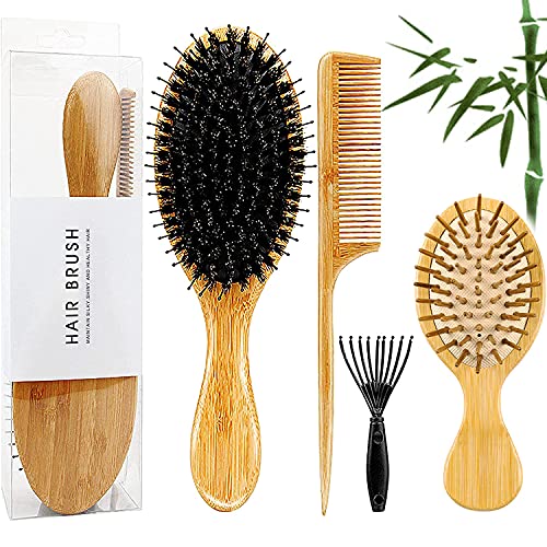 Bamboo Wooden Hair Brush, Boar Bristle Hair Brush for Thick Curly Long Fine D...