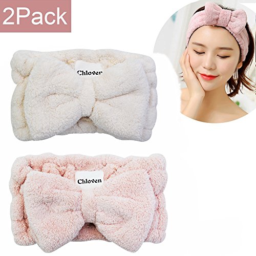 Chloven 2 Pack Microfiber Bowtie Headbands Facial Makeup Headband Cosmetic Bo...