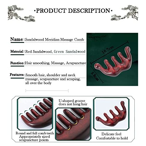 Wooden Massage Comb, Natural Red Sandalwood Wide Tooth Scraping Scalp Wood Ha...