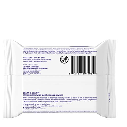 Clean & Clear Oil-Free Makeup Dissolving Facial Cleansing Wipes to Remove Dir...