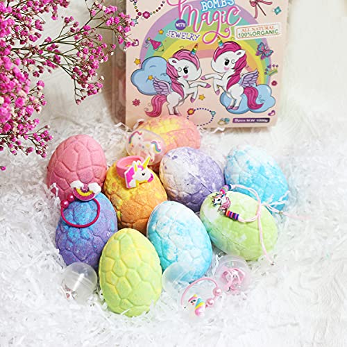 Unicorn Bath Bomb Gift Set with Jewelry Inside, 9 Pack Organic Bath Bomb Gift...