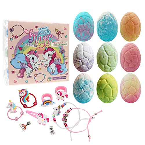 Unicorn Bath Bomb Gift Set with Jewelry Inside, 9 Pack Organic Bath Bomb Gift...
