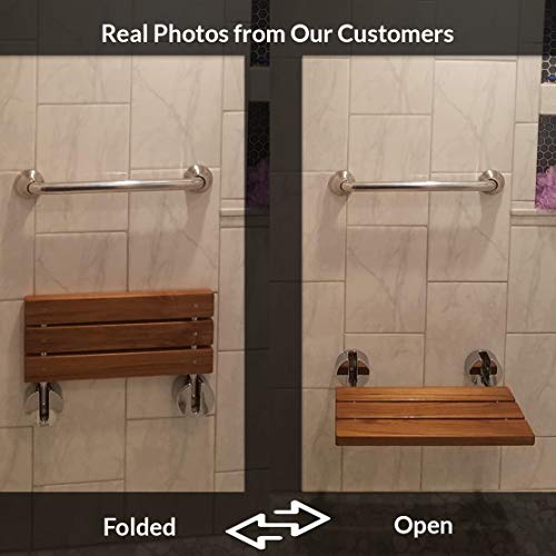 Clevr 20" Teak Wood Modern Folding Shower Seat Bench, Clear Coated for Protec...