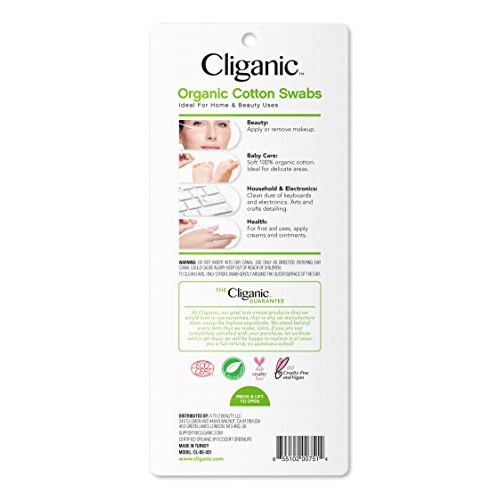 Cliganic Organic Cotton Swabs, 500 Count - 100% Pure Natural Biodegradable Co...
