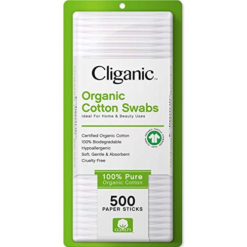 Cliganic Organic Cotton Swabs, 500 Count - 100% Pure Natural Biodegradable Co...
