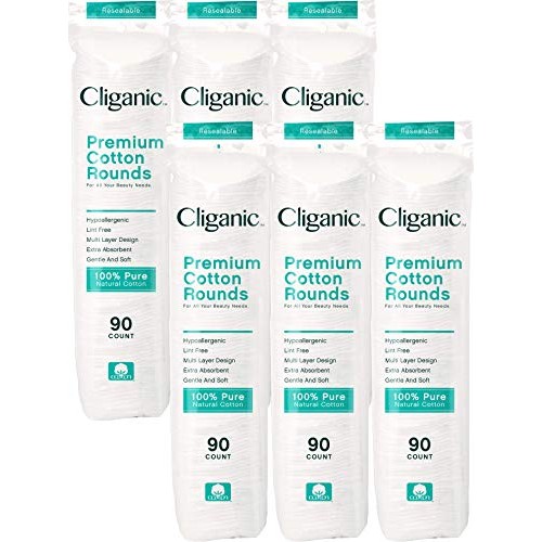 Cliganic Premium 100% Cotton Makeup Remover Pads 540 Count, (Pack of 6)