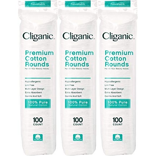 Cliganic Premium Cotton Rounds for Face (300 Count) - Makeup Remover Pads, Hy...