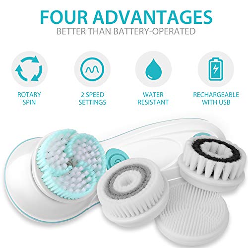 Rechargeable Facial Cleansing Spin Brush Set with 4 Exfoliation Brush Heads -...