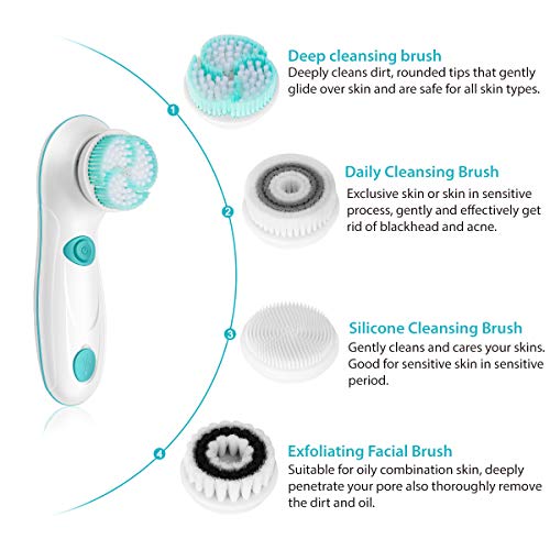Rechargeable Facial Cleansing Spin Brush Set with 4 Exfoliation Brush Heads -...