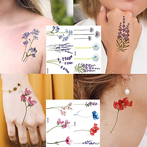 COKTAK 12Pieces/Lot 3D Watercolor Lavender Flower Temporary Tattoos For Women...