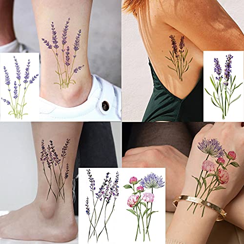 COKTAK 12Pieces/Lot 3D Watercolor Lavender Flower Temporary Tattoos For Women...