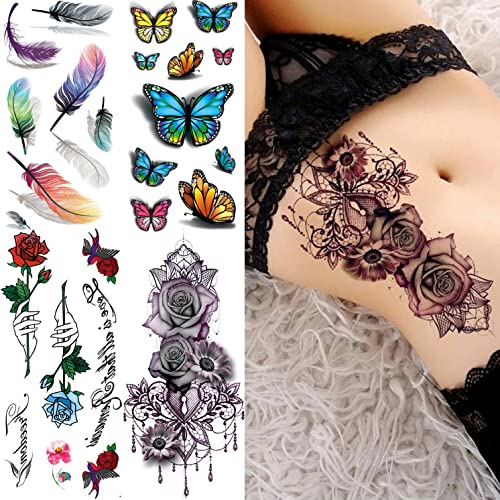 COKTAK 56 Sheets Variety Colorful Rose Flowers Temporary Tattoos For Women, R...