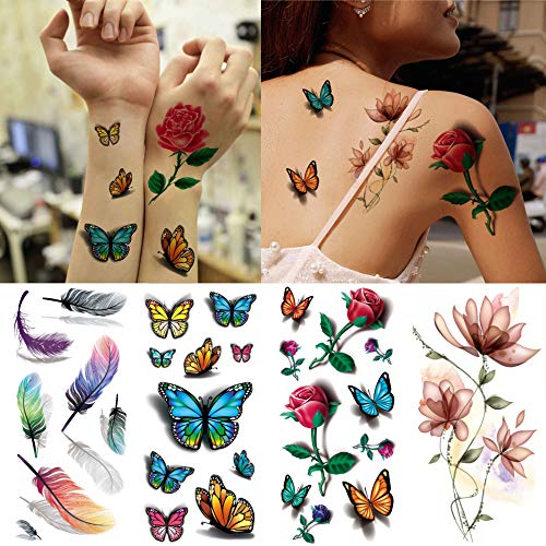COKTAK 56 Sheets Variety Colorful Rose Flowers Temporary Tattoos For Women, R...