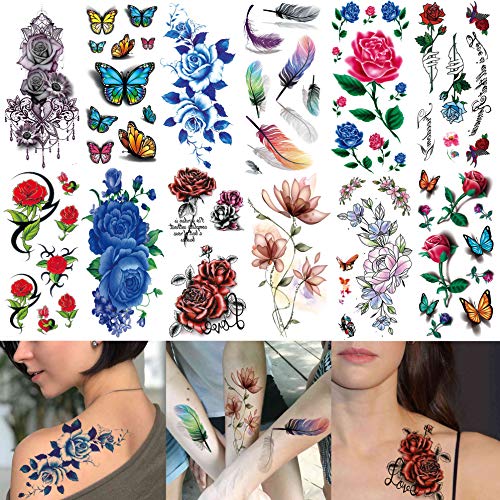 COKTAK 56 Sheets Variety Colorful Rose Flowers Temporary Tattoos For Women, R...