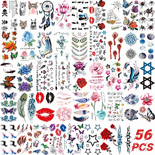 COKTAK 56 Sheets Variety Colorful Rose Flowers Temporary Tattoos For Women, R...