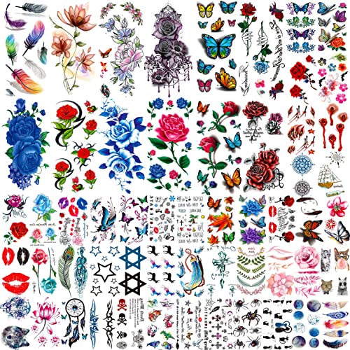 COKTAK 56 Sheets Variety Colorful Rose Flowers Temporary Tattoos For Women, R...