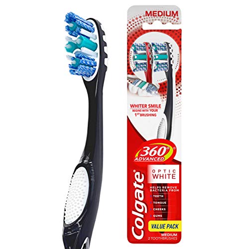 Colgate 360° Advanced Optic White Toothbrush (Color May Vary), Medium, 2 Count