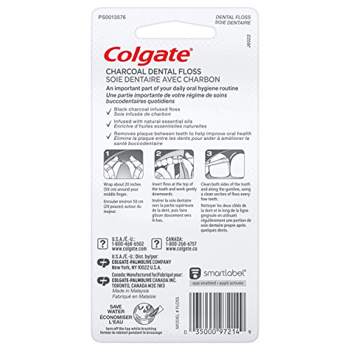 Colgate Charcoal Waxed Dental Floss, Non-Toxic and Non-Teflon, Mint - 2 Pack
