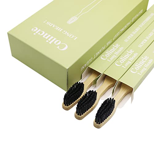 Colincie Extra Hard & Firm Bamboo Charcoal Toothbrush Long Head with Wide Thi...