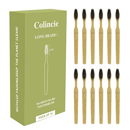 Colincie Extra Hard & Firm Bamboo Charcoal Toothbrush Long Head with Wide Thi...