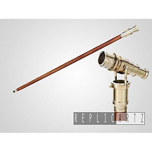 Victorian Walking Cane with Telescope Brass Handle Foldable Nautical Wooden W...