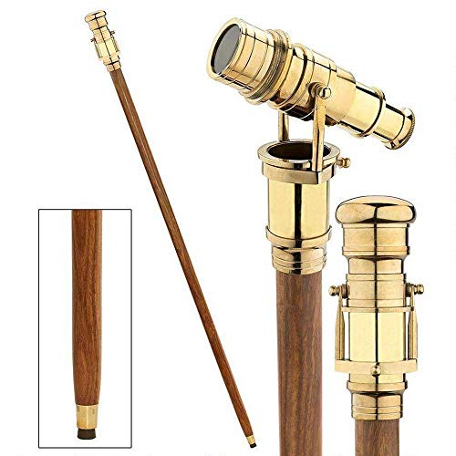 Victorian Walking Cane with Telescope Brass Handle Foldable Nautical Wooden W...